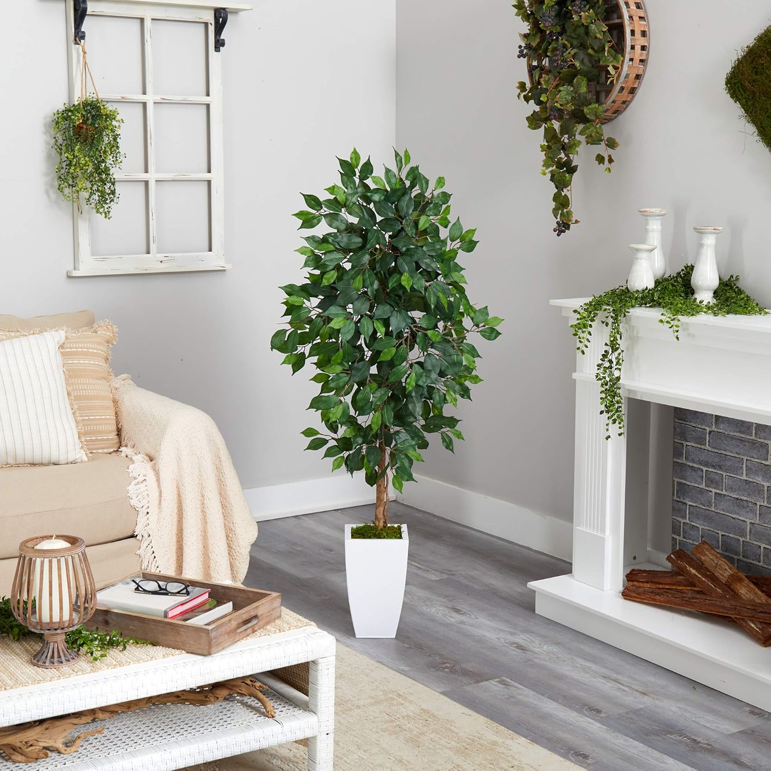 Nearly Natural Ficus 54inH Artificial Plant With Metal Planter, 54inH x 21inW x 19inD, Green/White