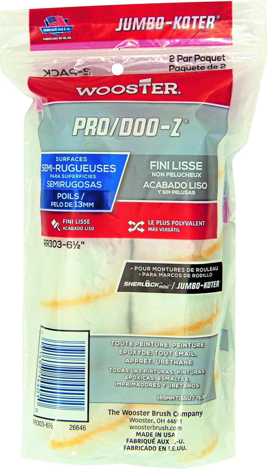 Wooster Brush RR303-6-1/2 Jumbo-Koter Pro/Doo-Z Roller 1/2-Inch Nap, 2-Pack, 6-1/2-Inch 6.5 Inch