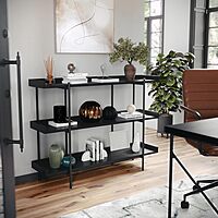 Martha Stewart Emmett 3 Shelf Storage Display Unit Bookcase with Metal, Set of 1, Walnut Wood Grain/Polished Brass Frame