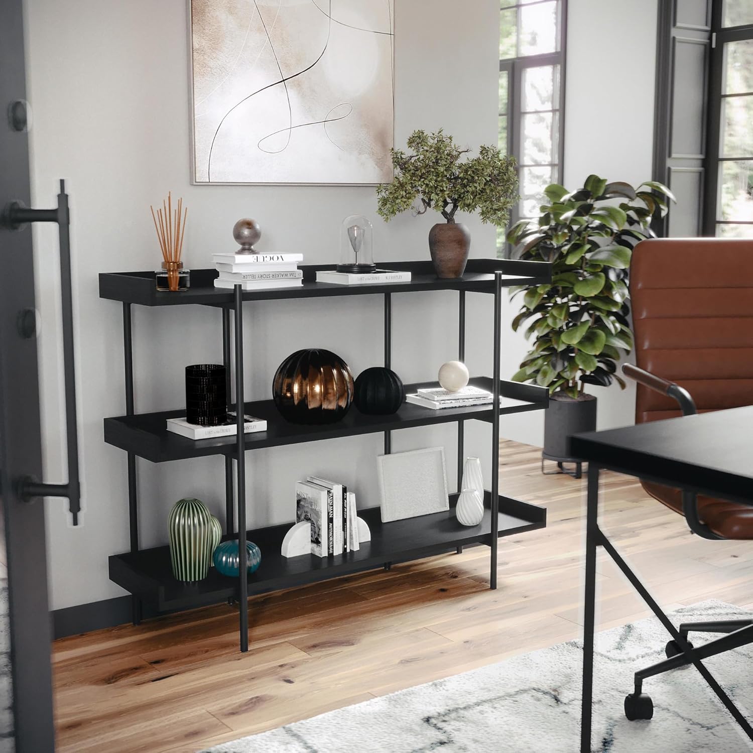 Martha Stewart Emmett 3 Shelf Storage Display Unit Bookcase with Metal, Set of 1, Walnut Wood Grain/Polished Brass Frame