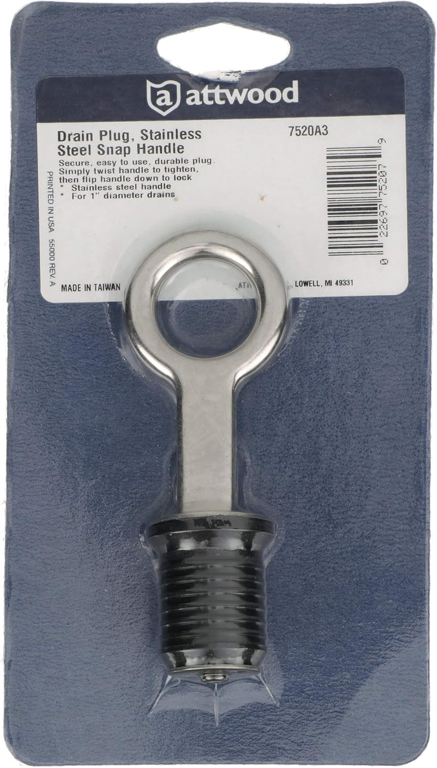 Attwood 7520A3 Snap-Handle Drain Plug, for 1-Inch-Diameter Drains, Locks in Place, Steel Handle, Rubber Plug
