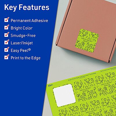 Avery Printable Square Labels, Sure Feed Technology, 2 in x 2 in, Bright Green, Print-to-The-Edge, Laser/Inkjet Printable