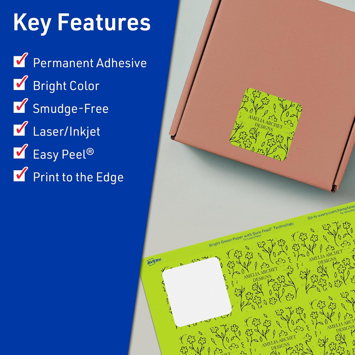 Avery Printable Square Labels, Sure Feed Technology, 2-1/8" x 2-1/8", Bright Green Labels, Print-to-The-Edge