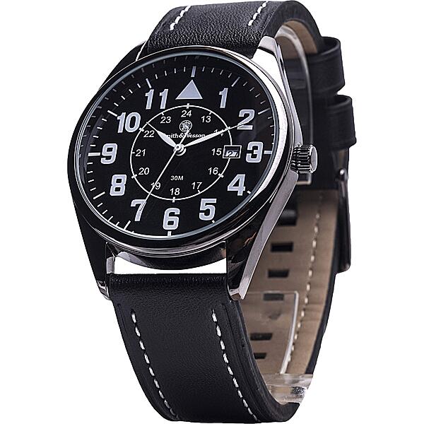 Smith & Wesson Men's Civilian Watch, 3ATM, Tough Stainless Steel case, Genuine Leather Strap, Tactical Watch, Precision Quart, Scratch Resistant, 43mm, Christmas Gift