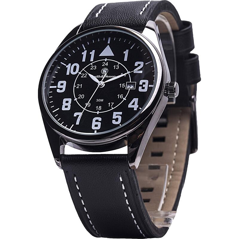Smith & Wesson Men's Civilian Watch, 3ATM, Tough Stainless Steel case, Genuine Leather Strap, Tactical Watch, Precision Quart, Scratch Resistant, 43mm, Christmas Gift