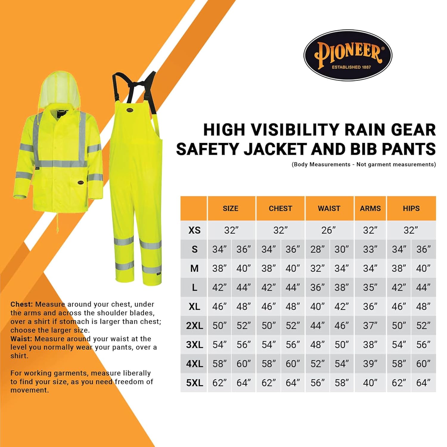 Pioneer High Visibility Rain Gear Safety Jacket and Bib Pants – Hi Vis Waterproof Reflective PVC Work Suit for Men