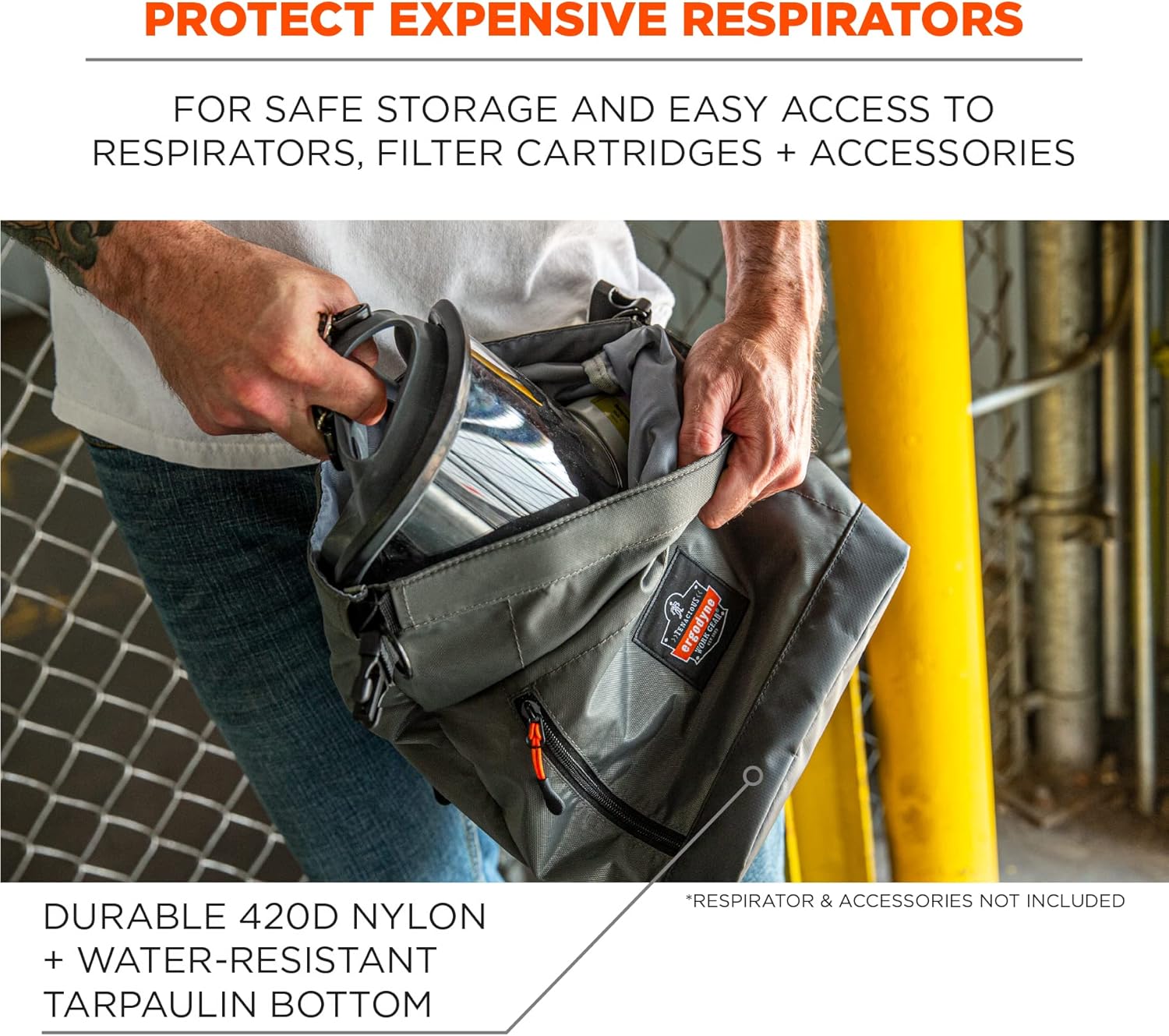 Ergodyne Arsenal 5186 Respirator Mask Storage Bag, Fits Half and Full Face Respirators, Adjustable Roll Top Closure,Gray