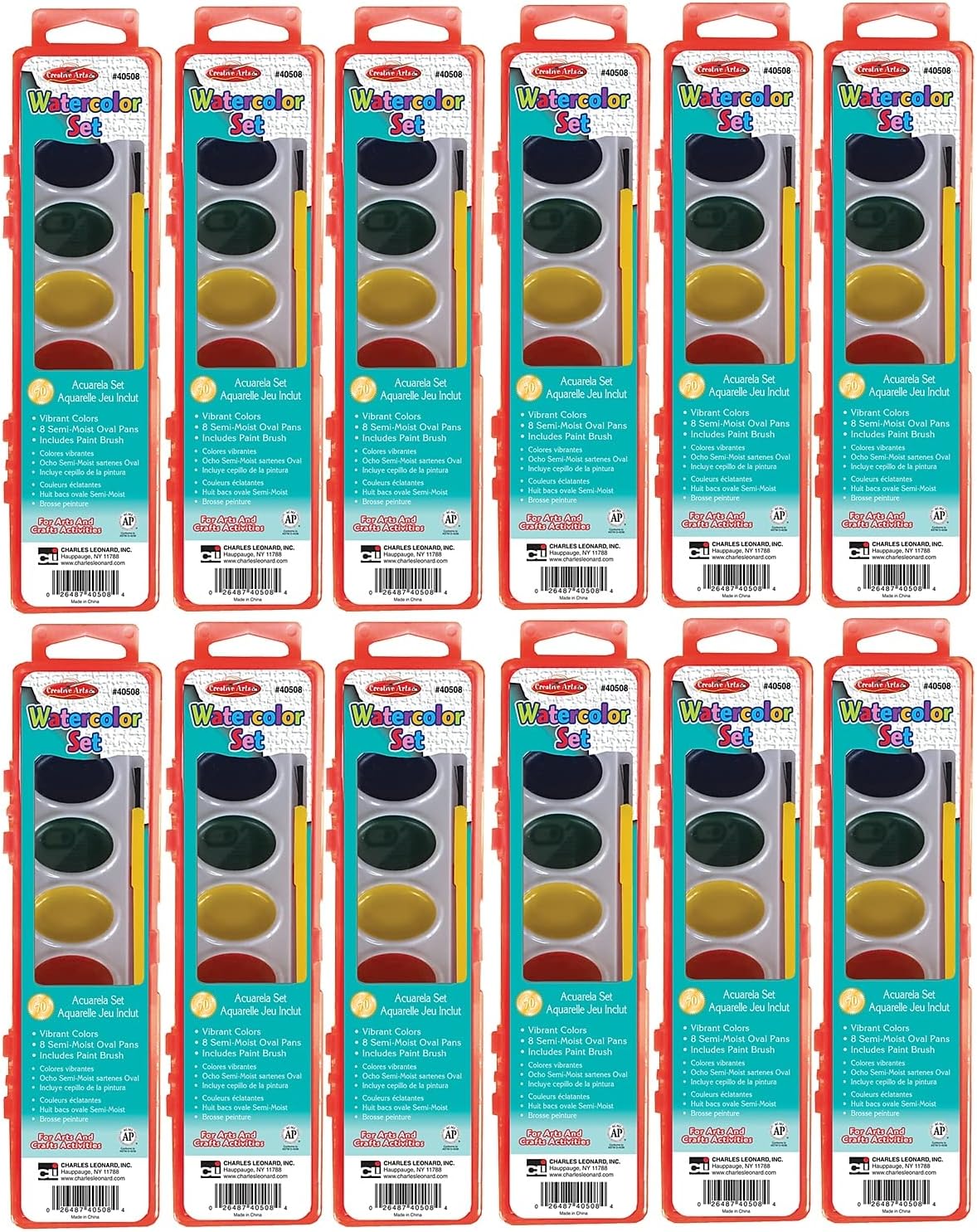 Charles Leonard Semi-Moist Watercolor Paint Set, Oval Pan with Brush, 8 Assorted Colors, 12 Sets