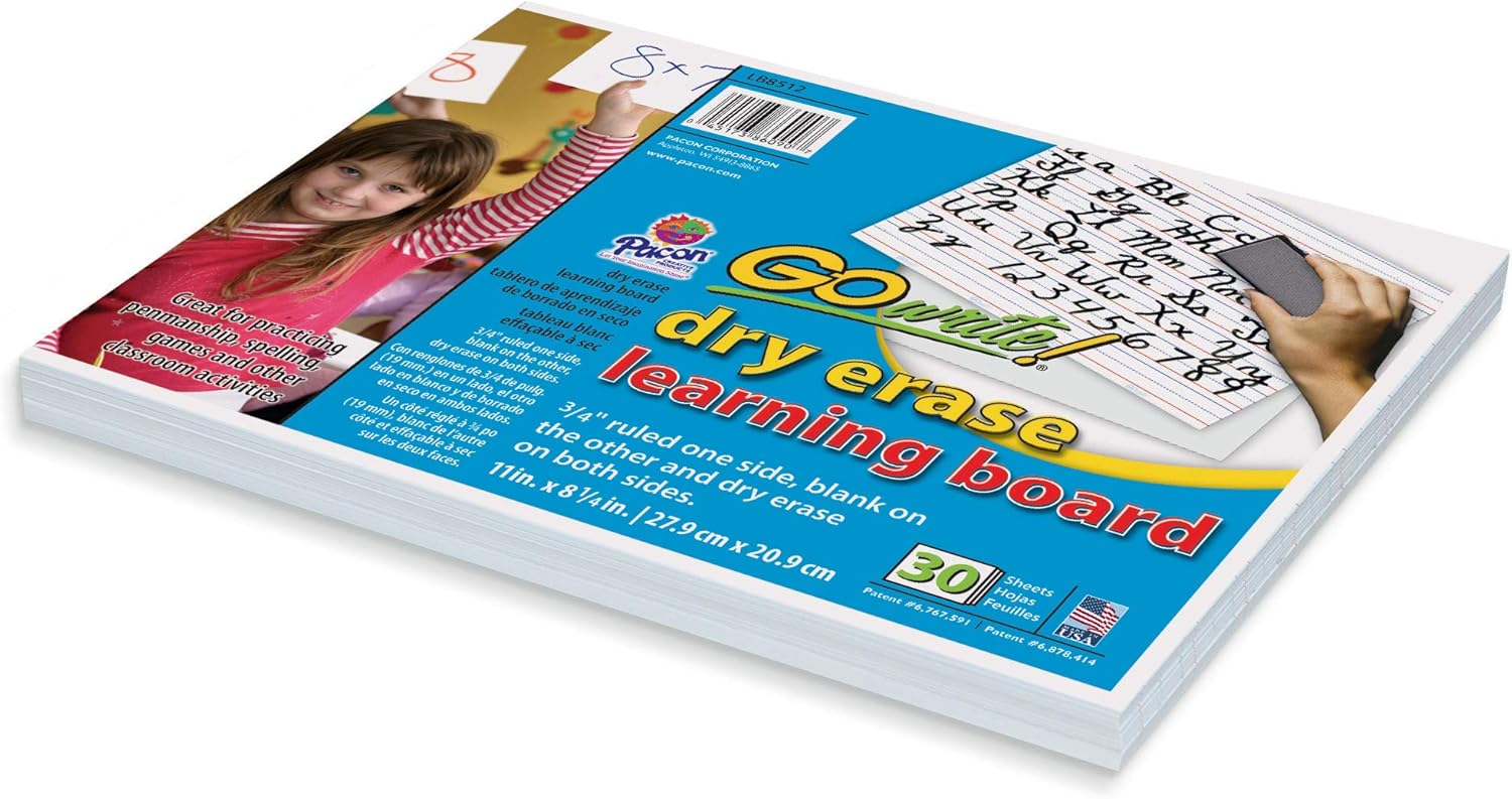 PACLB8512 Dry Erase Learning Sheets, White, 3/4" x 3/8" x 1/4" Ruled, 11" x 8-1/4", 30 Sheets