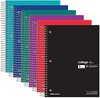 Office Depot® Wirebound Notebooks, 8 1/2" x 11", 5 Subjects, College Ruled, 180 Sheets, Assorted Colors, Pack Of 6 Notebooks