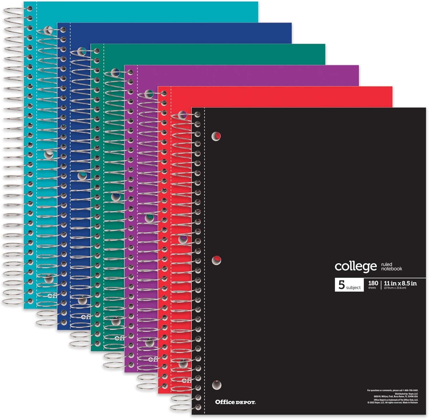Office Depot® Wirebound Notebooks, 8 1/2" x 11", 5 Subjects, College Ruled, 180 Sheets, Assorted Colors, Pack Of 6 Notebooks