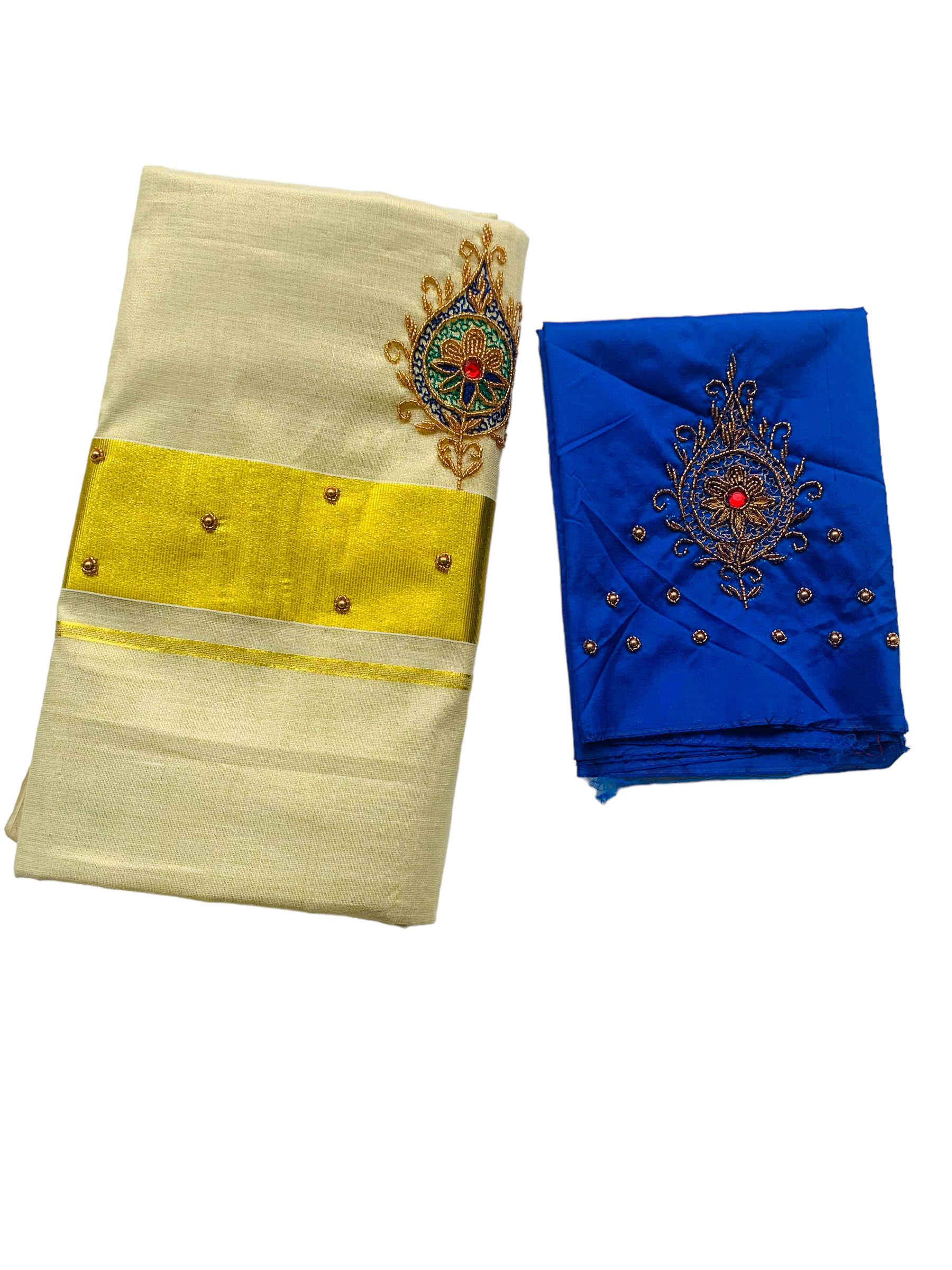 Kuthampully Kerala Kasavu Sarees For Women | Handcrafted Aari work Kerala Sarees | Tissue Onam Saree With Running Blouse | South Indian Sarees | Onam Saree EKM-806 (Blue)