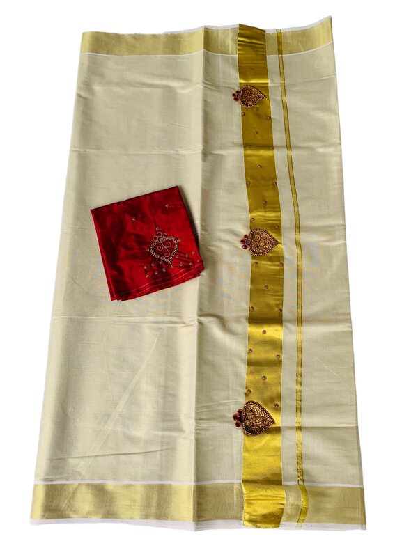 Kuthampully Kerala Kasavu Sarees For Women | Handcrafted Aari work Kerala Sarees | Tissue Onam Saree With Running Blouse | South Indian Sarees |EKM-763 (Red)