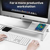OTM Essentials Slim Aluminum Monitor Stand, Desk Riser with Non-Slip Padding and Tilted Surface, Versatile Home Office Essentials, Equipped with 4 USB Ports Desktop Monitor