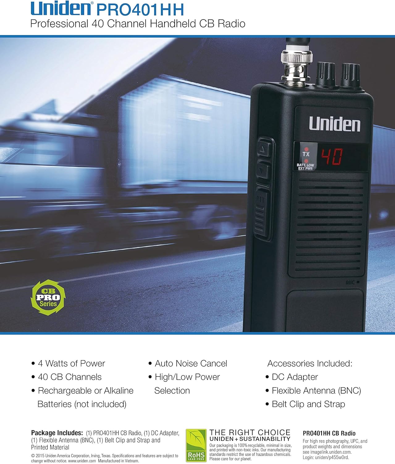 Uniden PRO401HH Professional Series 40 Channel Handheld CB Radio, 4 Watts Power with Hi/Low Power Switch