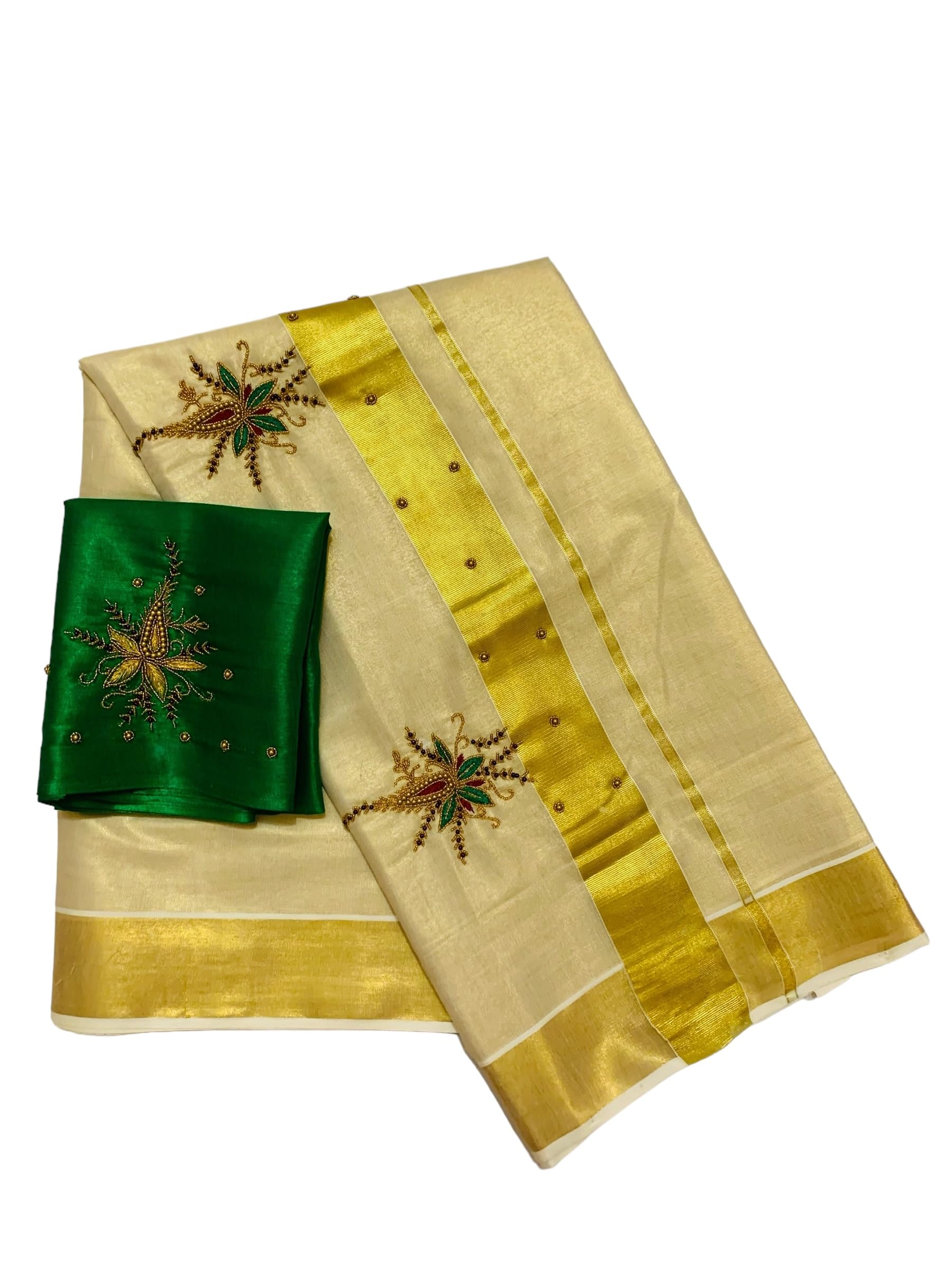 Kuthampully Kerala Kasavu Sarees For Women | Handcrafted Aari work Kerala Sarees | Tissue Onam Saree With Running Blouse | South Indian Sarees | Onam Saree EKM-835 (Green)