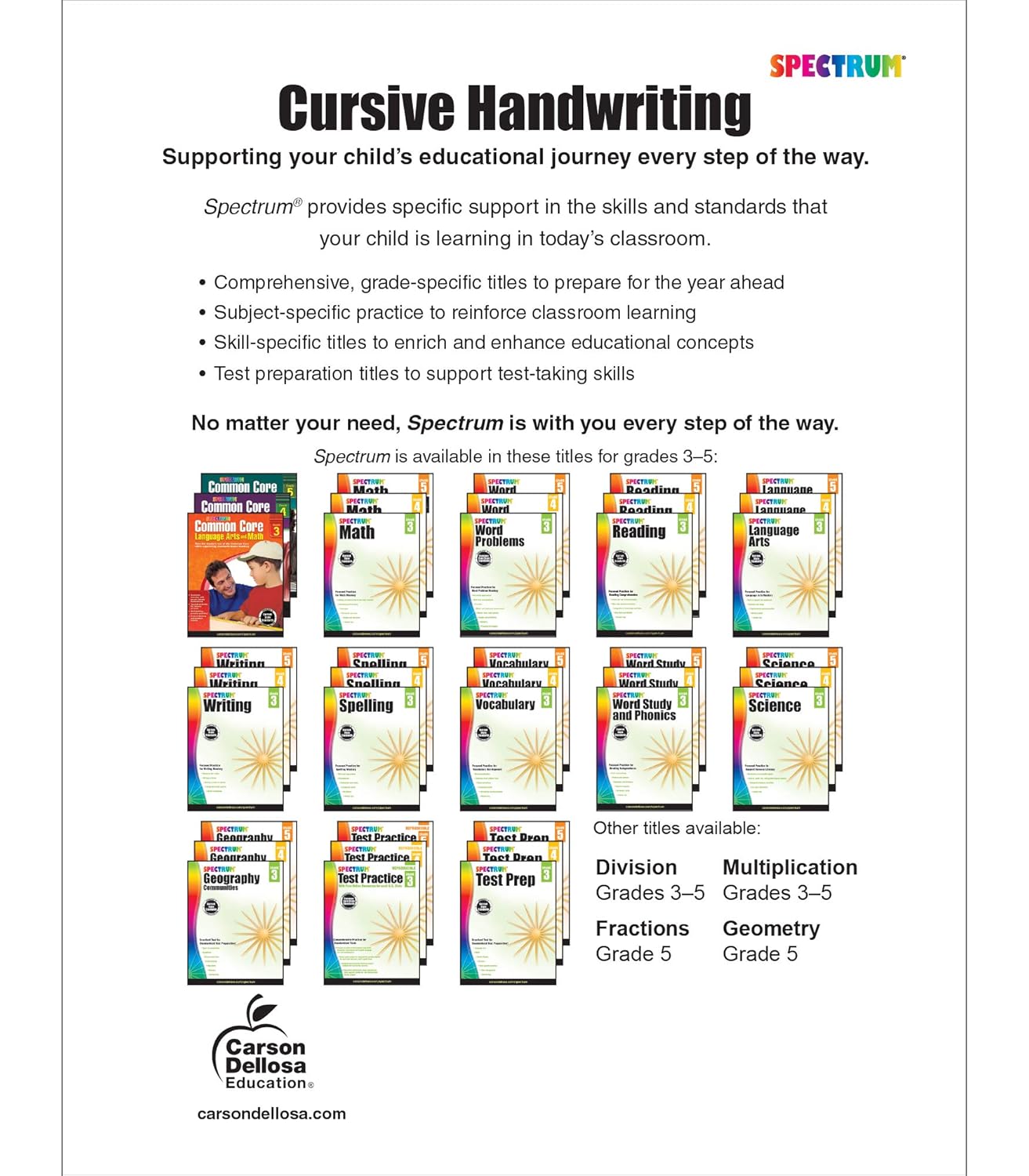 Spectrum Cursive Handwriting Workbook for Kids Ages 8 to 12, Letters and Cross-Curricular Words Cursive Handwriting Workbook