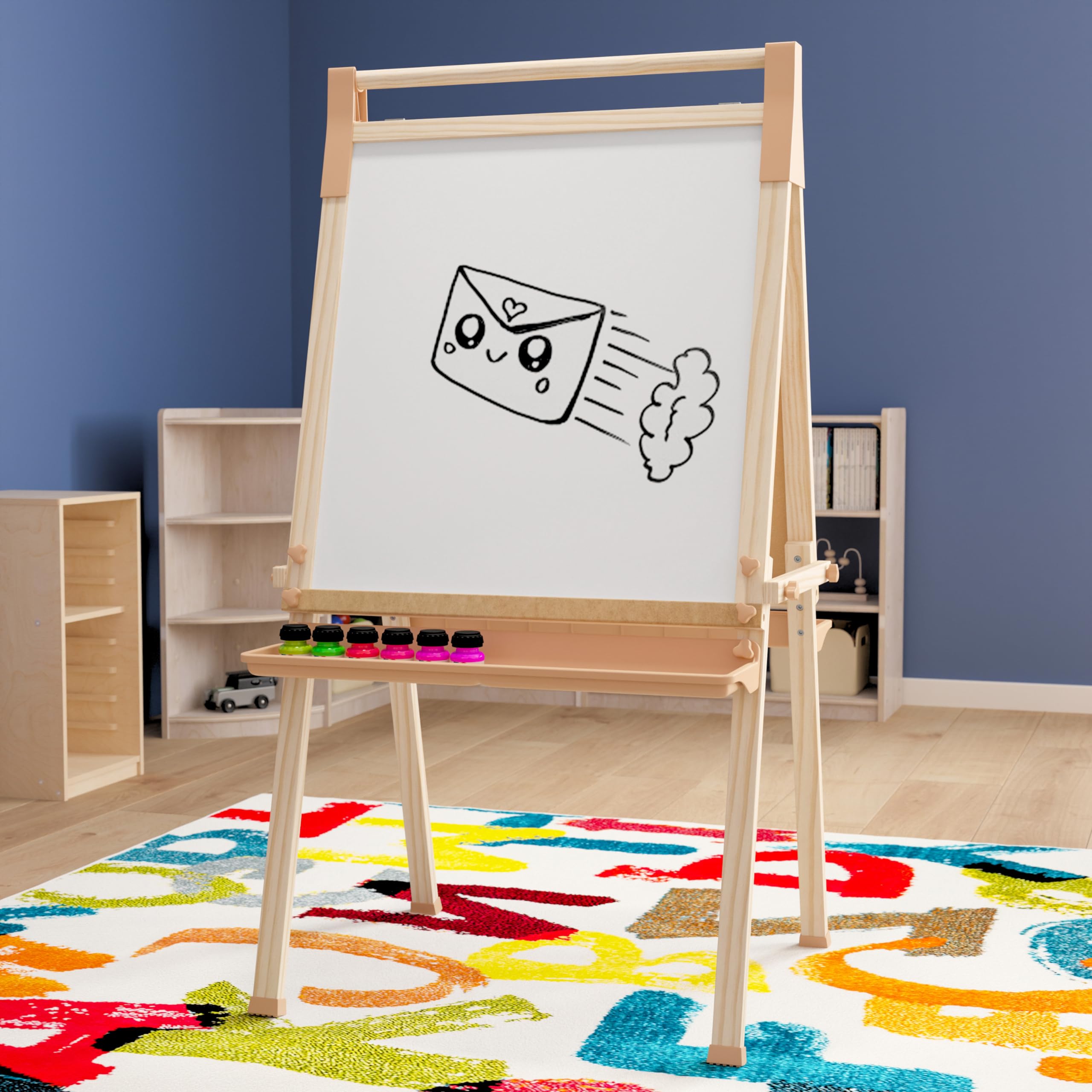 Flash Furniture Bright Beginnings Commercial Classroom Wood Freestanding Art Easel, 49inH x 28-1/2inW x 25-3/4inD