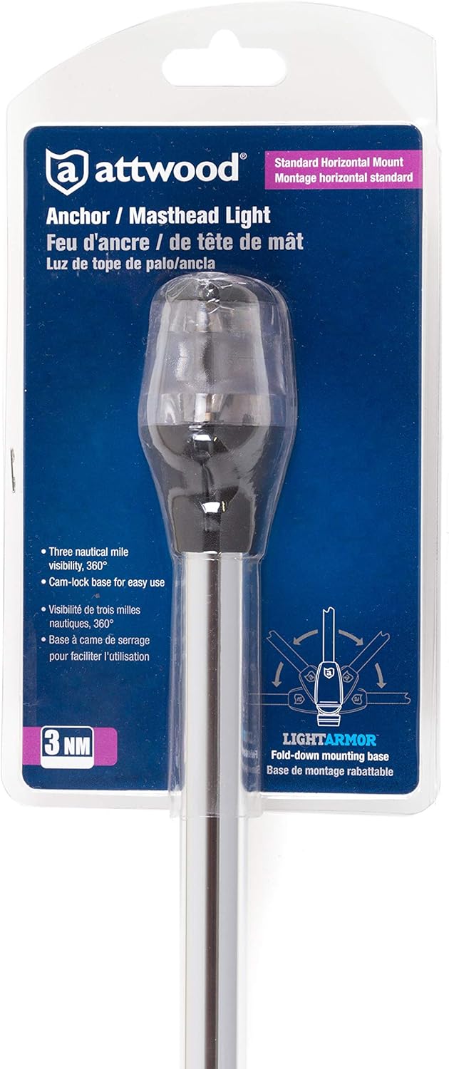 Attwood 7202-P-7 Lightarmor Folding 20-Inch Incandescent 3 Nautical Mile Masthead/Anchor Light, Silver, One Size