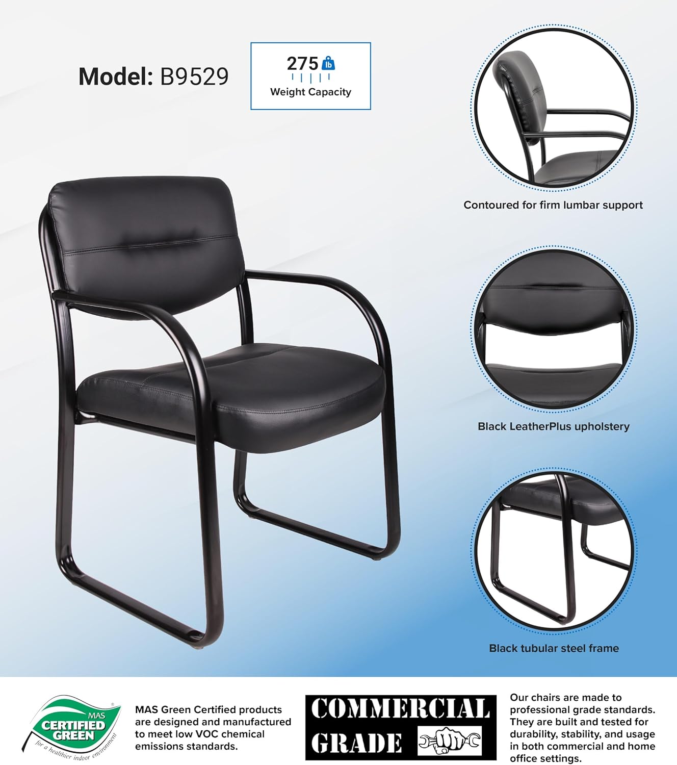 Boss Office Products Leather Sled Base Side Guest Chair, Black