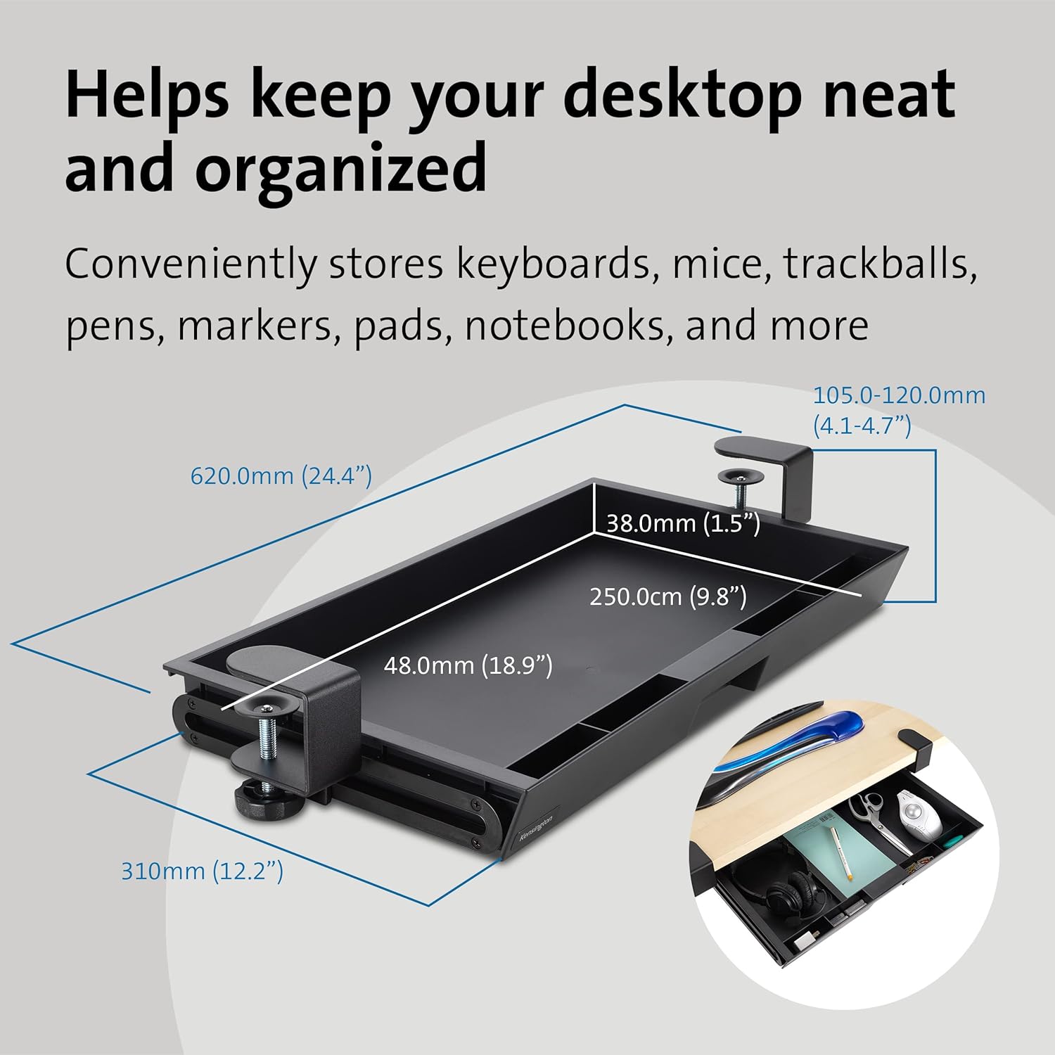 Kensington Clamp-On Storage Drawer, Under Desk Storage Drawer & Damage-Free Installation (K52175WW)