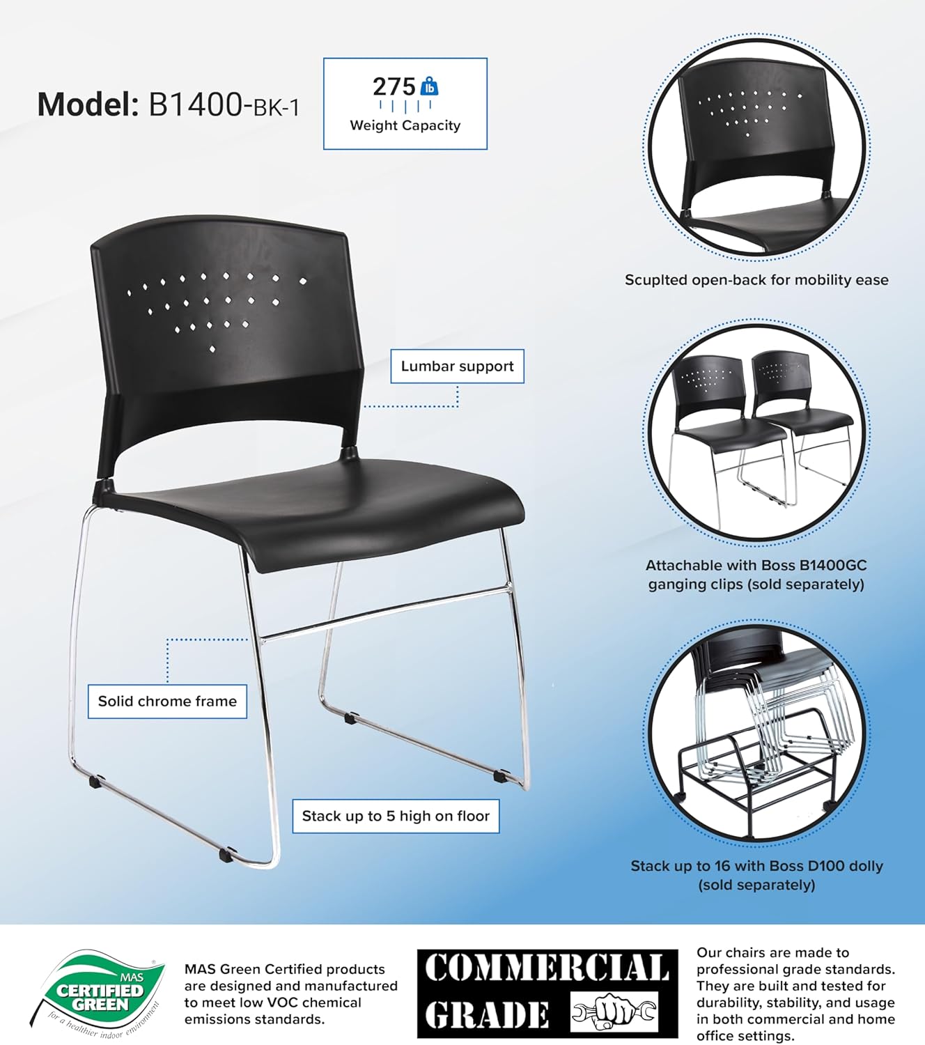 Boss Office Products Stack Chair with Chrome Frame
