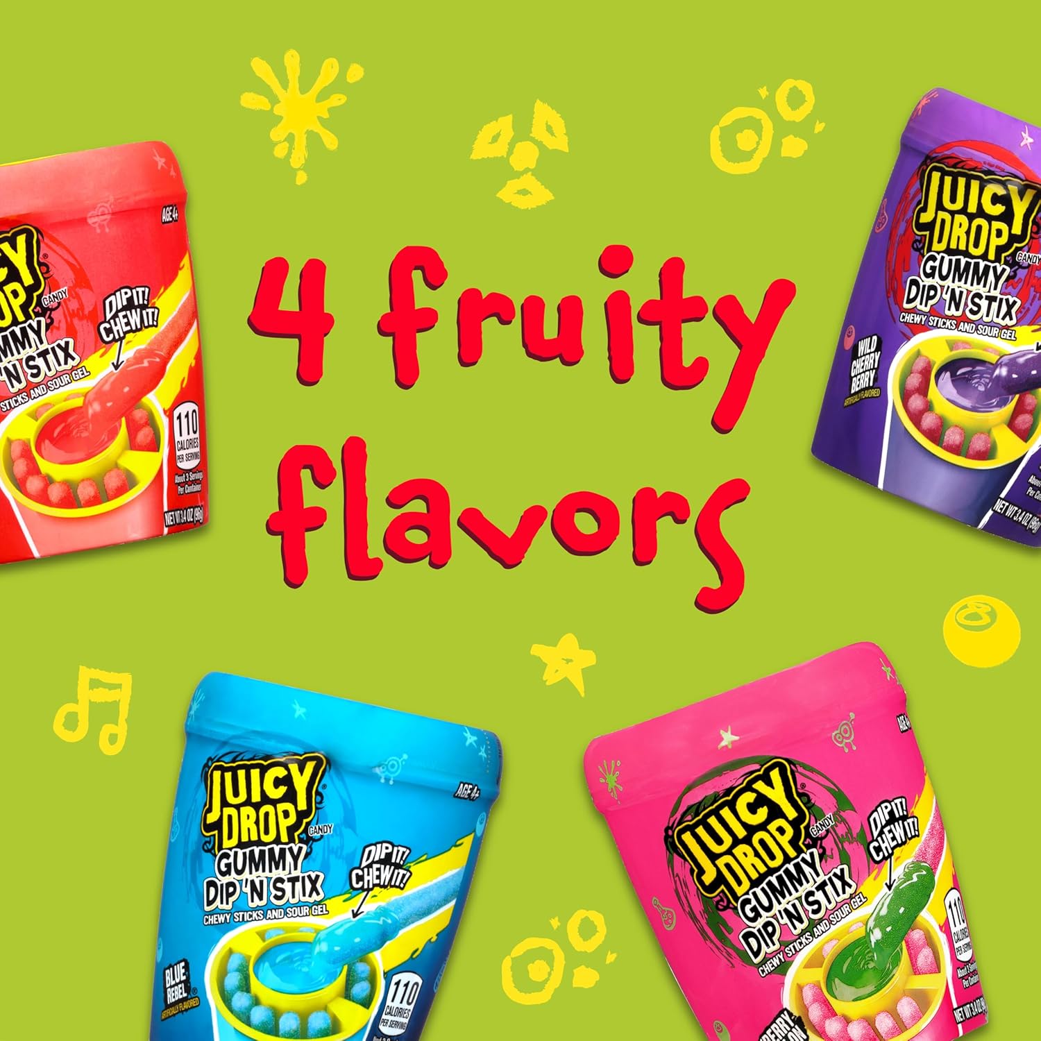 Juicy Drop Gummy Dip 'N Stix Assorted Candy Variety Pack, Sweet Gummy Sticks W/ Sour Dipping Gel, 8 Pack