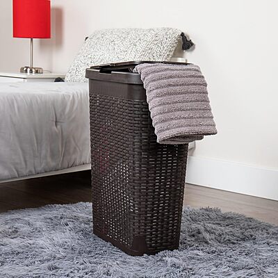 Mind Reader 40L Slim Laundry Hamper with Lid, Wicker-Style Plastic
