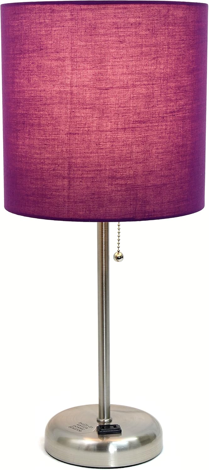 SIMPLE DESIGNS LT2024 Brushed Steel Stick Table Desk Lamp with Charging Outlet and Drum Fabric Shade