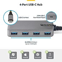 StarTech.com 4-Port USB-C Hub, 5Gbps, Bus Powered, Type-C to 4X Type-A with USB-C Auxiliary Power Input, Portable Hub