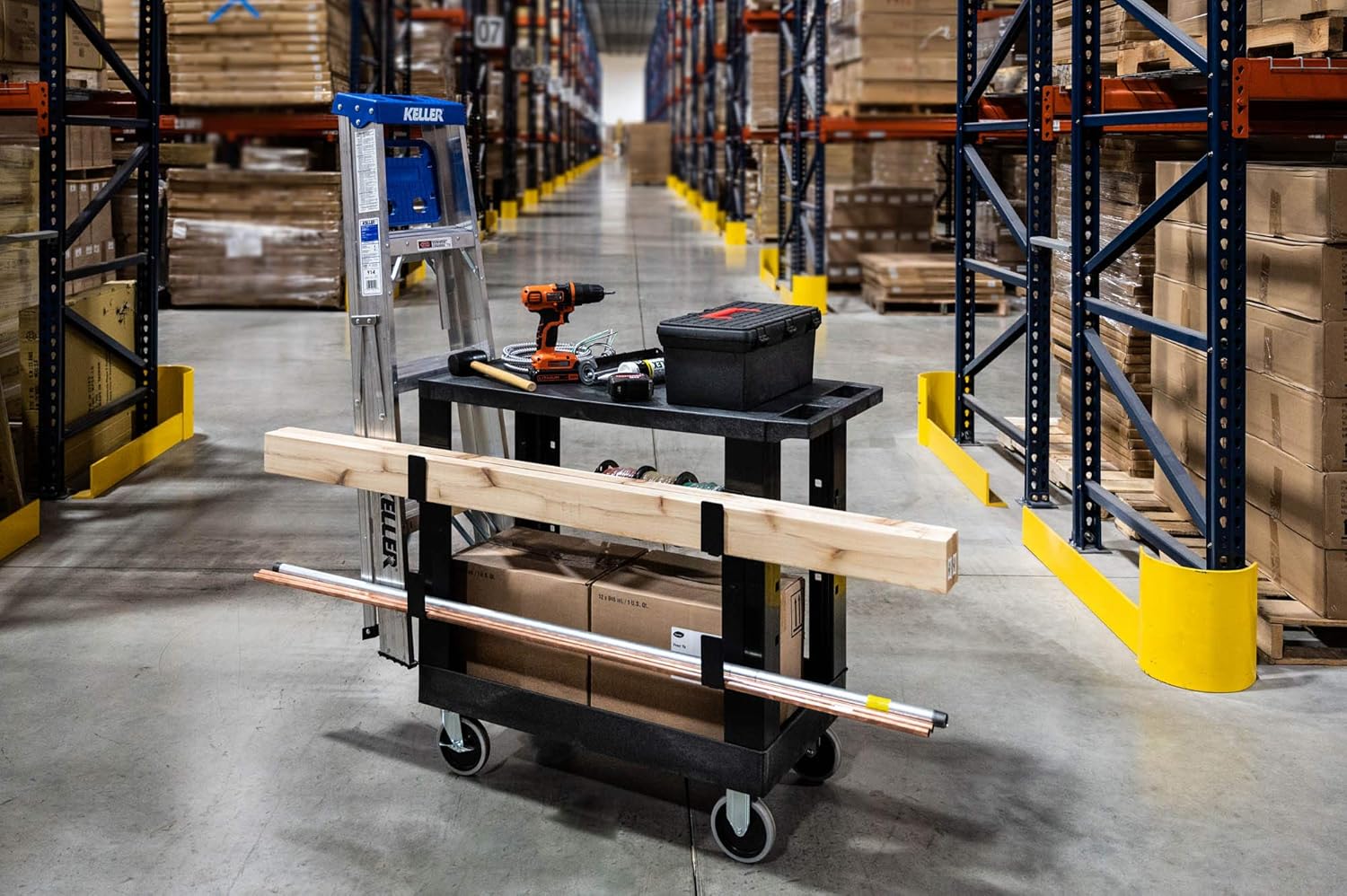 LUXOR EC111-B Heavy Duty Plastic Utility Cart, 32" x 18" Rolling Tub Cart with Three Shelves, 300 lbs. Capacity