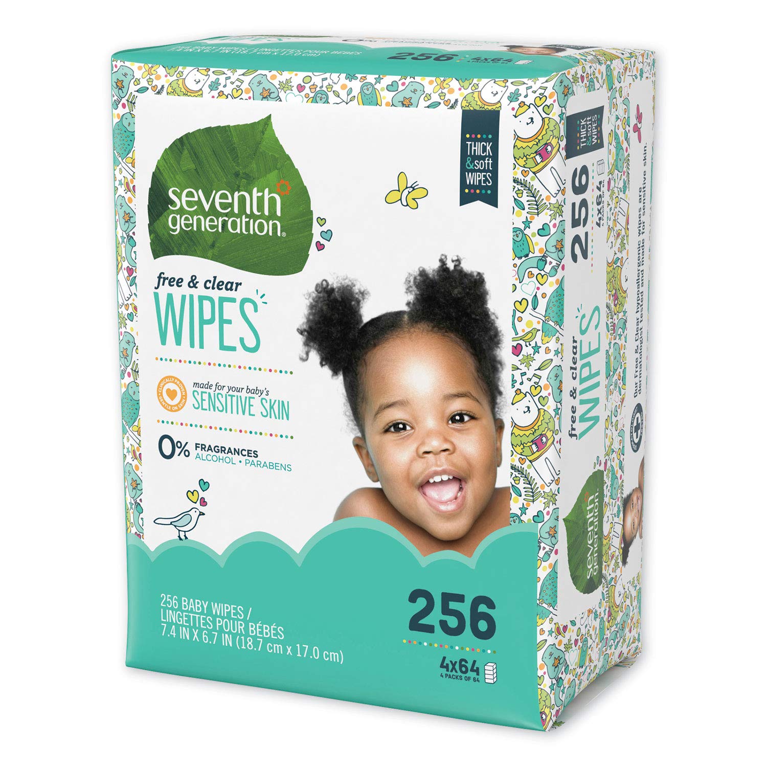 Seventh Generation 34219CT Free & Clear Baby Wipes, Refill, Unscented, White, 256/PK, 3 PK/CT 64 Count (Pack of 4)
