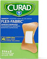 CURAD Flex-Fabric Adhesive Fingertip Bandages, Skin-Friendly Adhesive, 2 x 1.75 Inches, Breathable Fabric, 100 Bandages Per Box