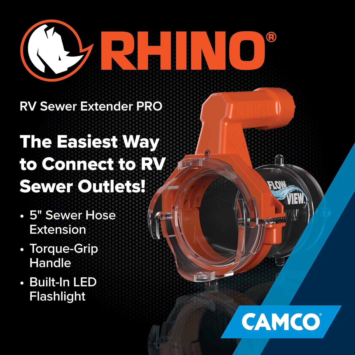 Camco Rhino RV Sewer Hose Extender PRO – 5 Sewer Hose Extension — Torque-Grip Handle with Built-in LED Flashlight