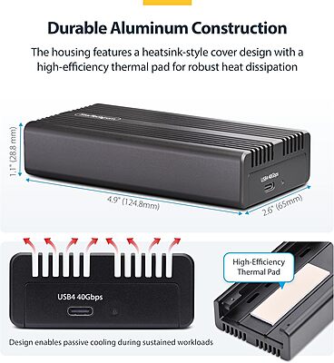 StarTech.com USB4 M.2 NVMe Enclosure, 40Gbps, External USB-C/Thunderbolt NVMe SSD Enclosure, Aluminum Heatsink Case
