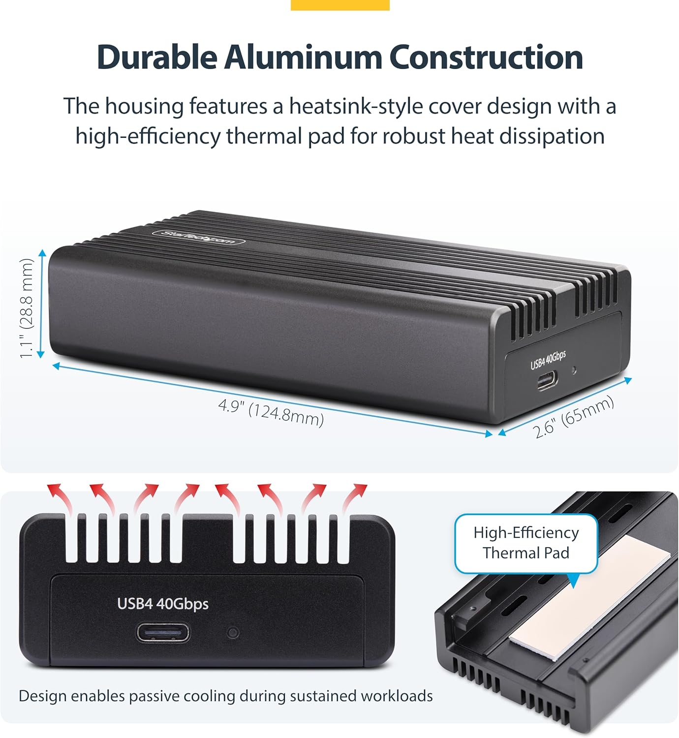 StarTech.com USB4 M.2 NVMe Enclosure, 40Gbps, External USB-C/Thunderbolt NVMe SSD Enclosure, Aluminum Heatsink Case