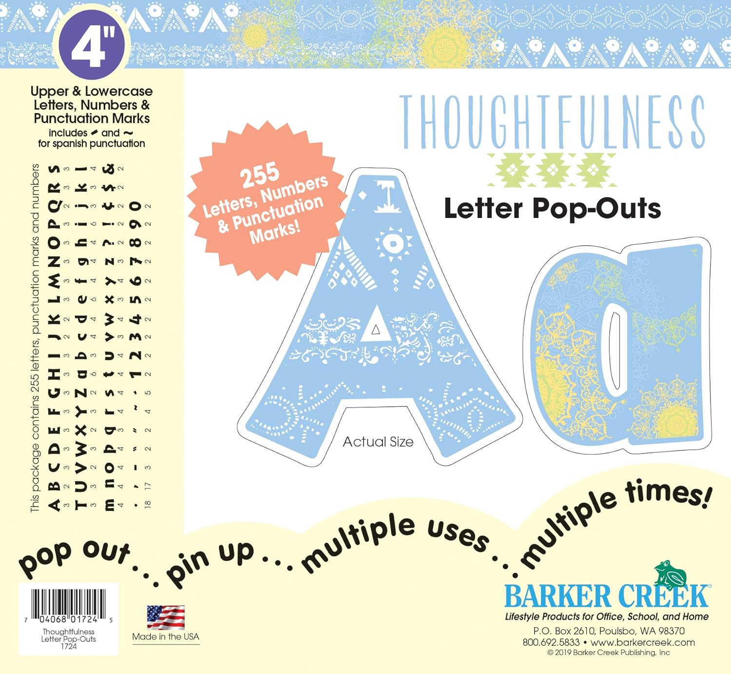 Barker Creek Letter Pop-Outs, 4" Thoughtfulness, Multicolor Designer Letters for Bulletin Boards, Breakrooms