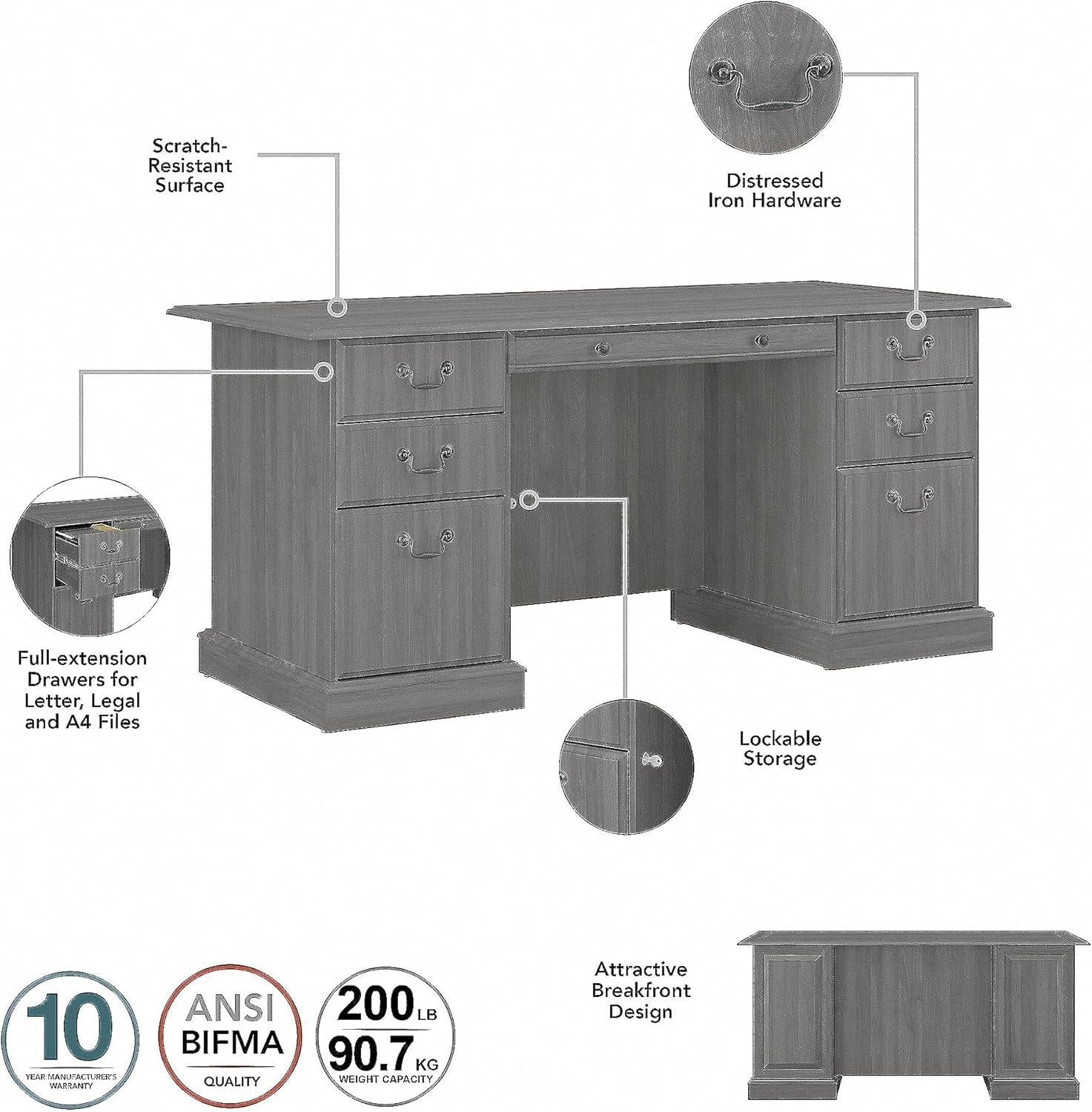 Bush Furniture Saratoga 66in Executive Desk with Drawers