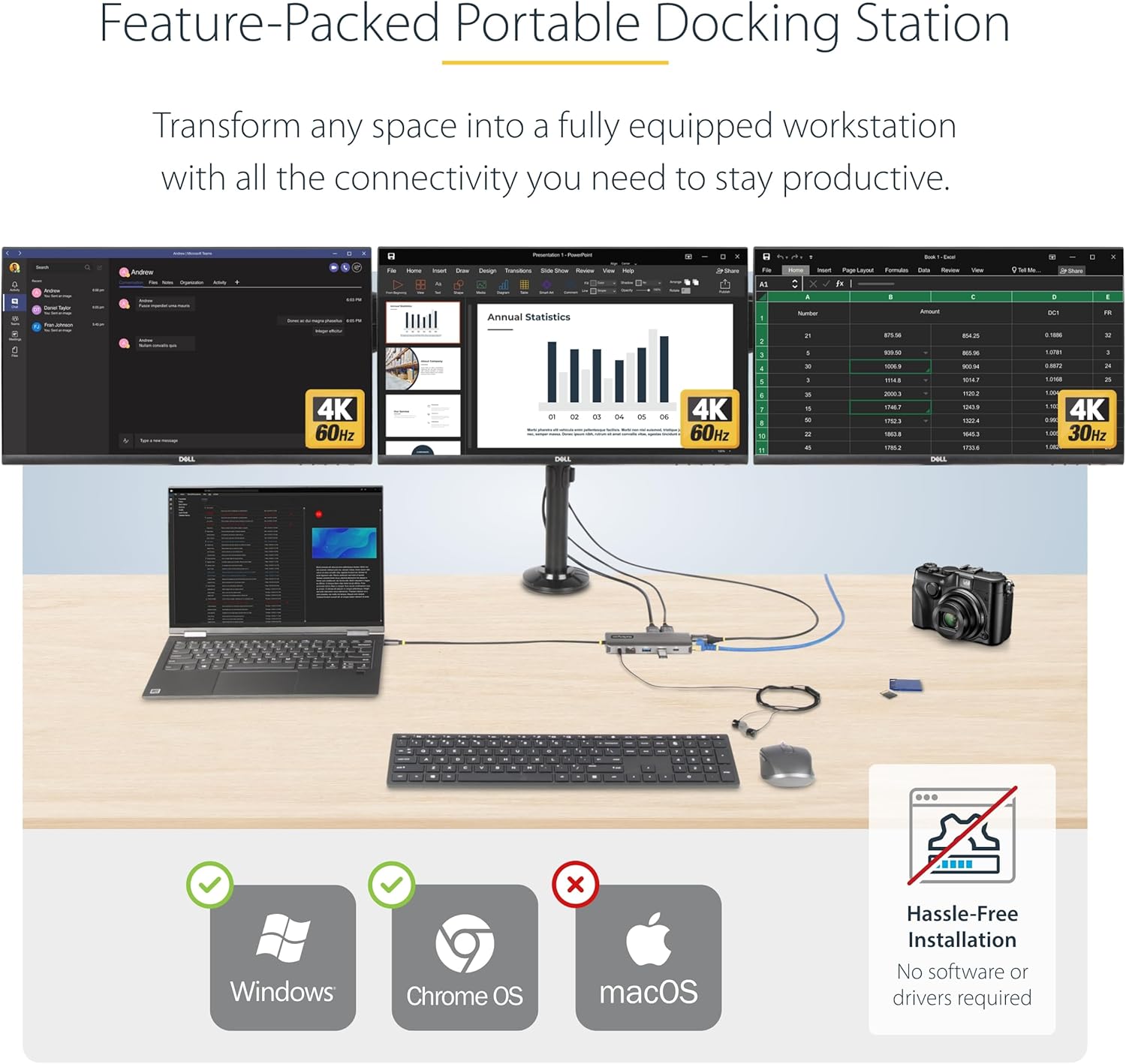 StarTech.com USB-C Docking Station for Windows and ChromeOS, Triple 4K HDMI DP Video, USB 10Gbps Hub - GbE, SD, MicroSD