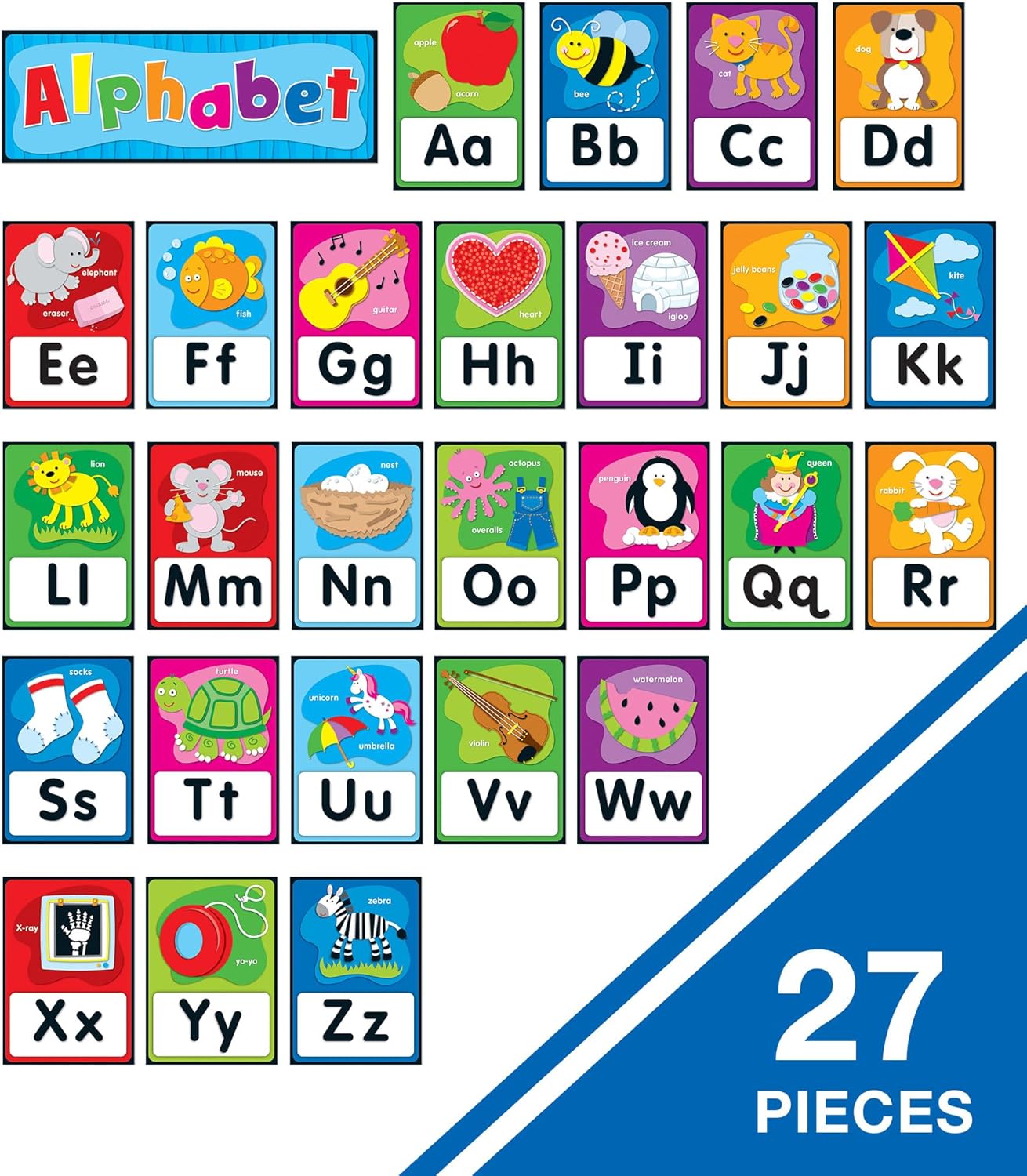 Carson Dellosa 27 pc Set of Quick Stick™ Self-Adhesive abc Bulletin Board Decorations, Alphabet Toddler Learning Posters, Letters With Sight Word Images for Sound Recognition, Classroom and Wall Decor
