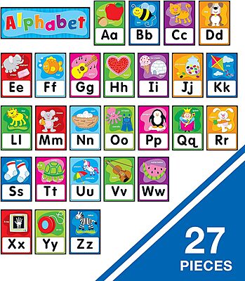 Carson Dellosa 27 pc Set of Quick Stick™ Self-Adhesive abc Bulletin Board Decorations, Alphabet Toddler Learning Posters, Letters With Sight Word Images for Sound Recognition, Classroom and Wall Decor