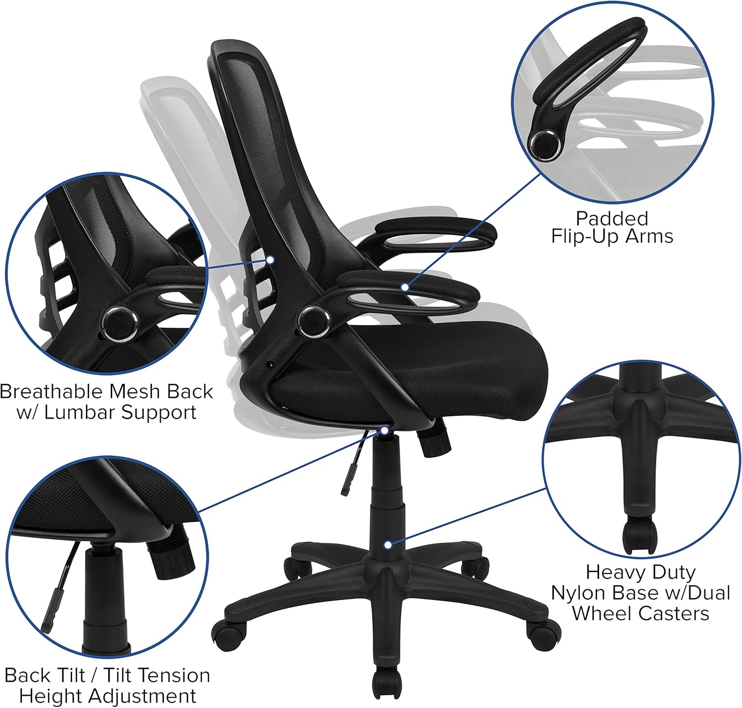 Flash Furniture Porter High-Back Mesh Ergonomic Swivel Office Chair with Adjustable Lumbar Support and Flip-Up Armrests