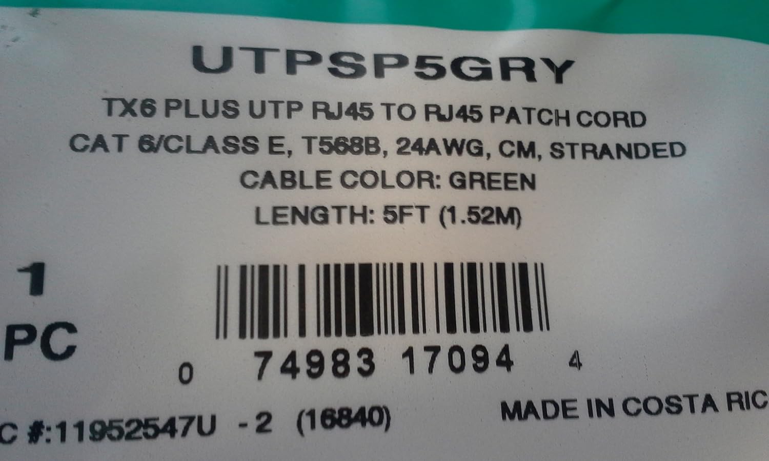 Panduit UTPSP5GRY Category-6 8-Conductor Strain Relief Clear Boot Patch Cord, Green, 5-Feet