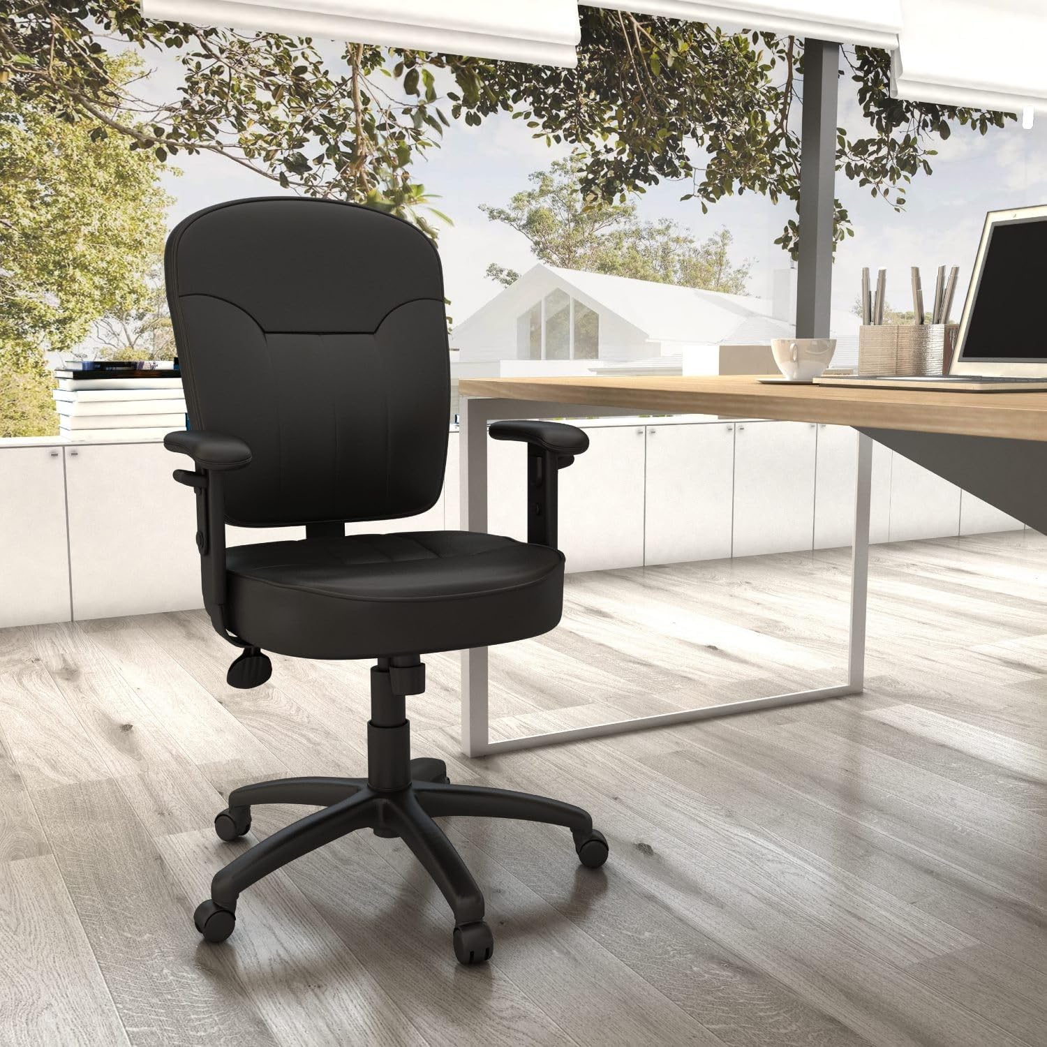 Boss Office Products Leather Task Adjustable Arms Chair, Black