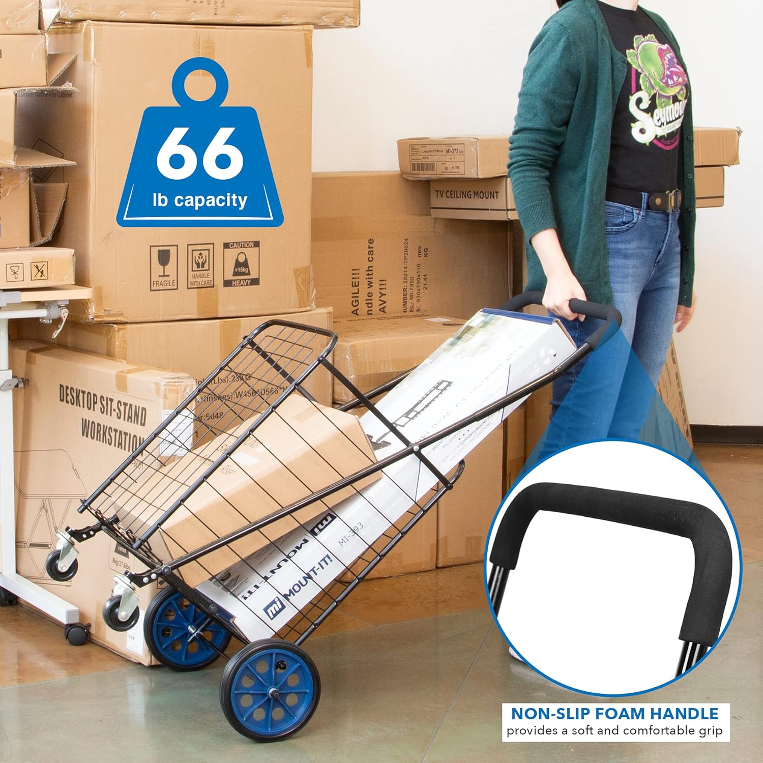 Mount-It! Foldable Shopping Cart with 360° Swivel Wheels, Portable Grocery Cart on Wheels with Extended Foam Handle