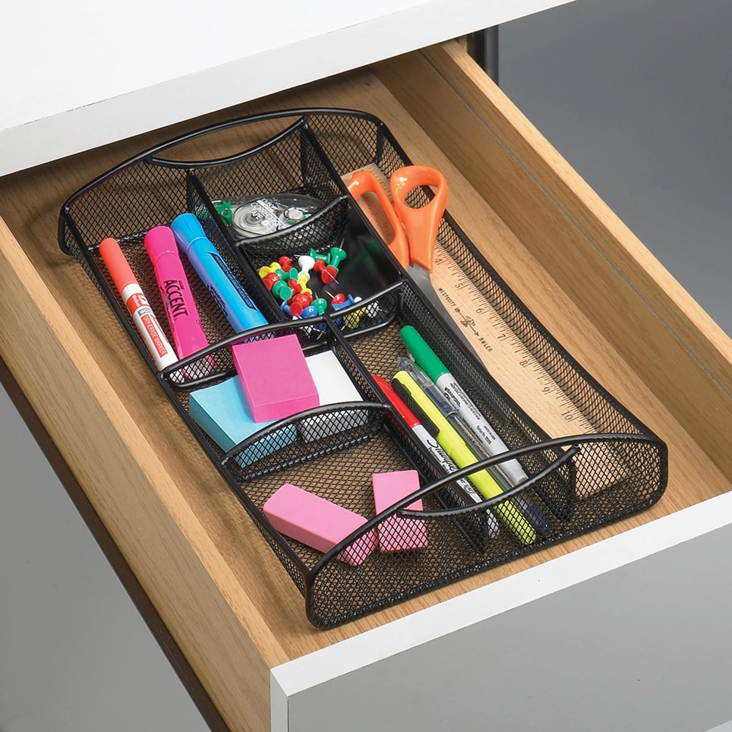 Safco 3262BL Onyx Mesh Desktop Organizer with Drawer, Black