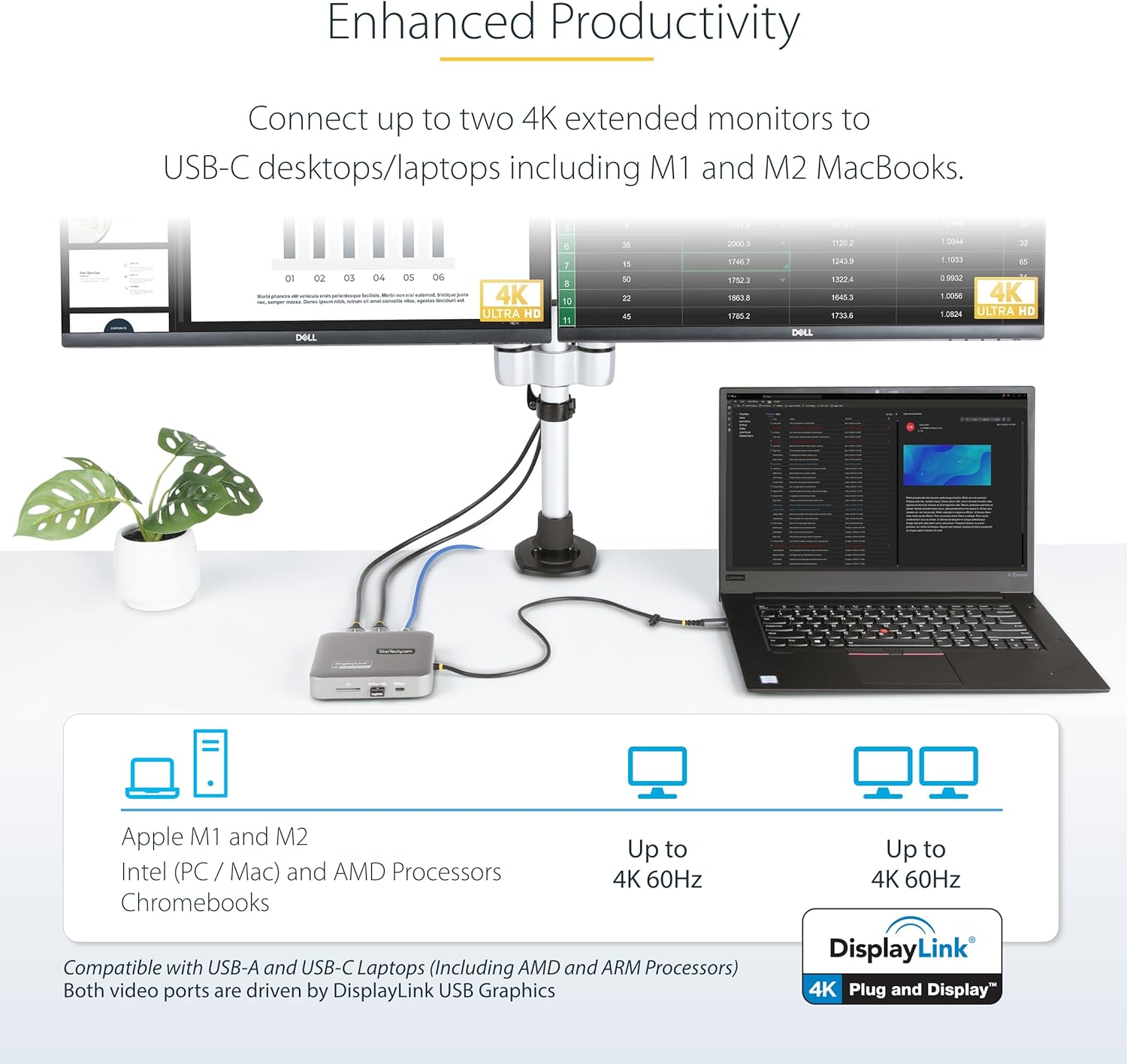 StarTech.com USB C Docking Station, Dual 4K 60Hz HDMI Hub for MacBook Pro (M1/M2/M3/M4) and Windows, USB-A/USB-C 10Gbps Hub