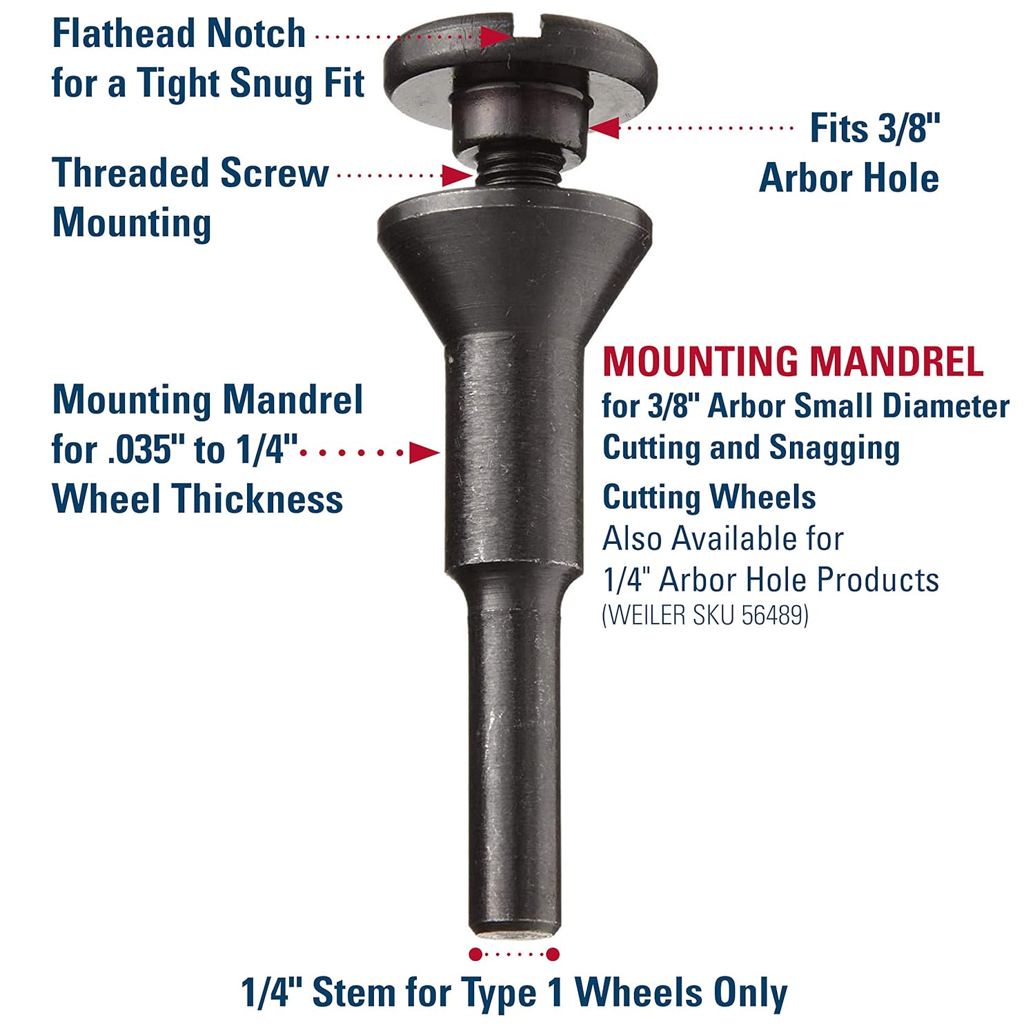 Weiler 56490 Mounting Mandrel For Cut-Off Wheels W/3/8" Arbor Hole, 1/4" Stem Mandrel Only