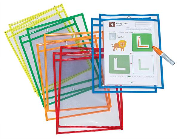 Pacon Dry-Erase Pockets, 10in x 13-1/2in, Assorted/Clear, Pack Of 10 Pockets
