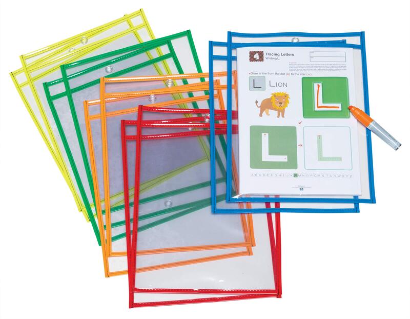 Pacon Dry-Erase Pockets, 10in x 13-1/2in, Assorted/Clear, Pack Of 10 Pockets